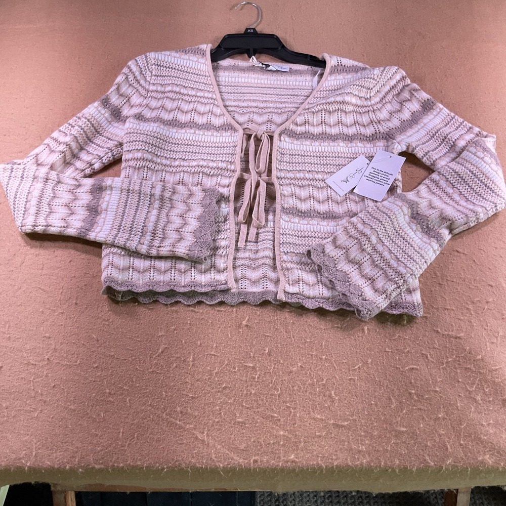 Jessica Simpson Tie Front Pointelle Knit Cardigan Sweater Neutral Stripe WJSS256
